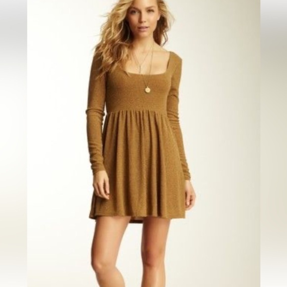Free People Glittery Metallic Gold Long Sleeve Mini Dress